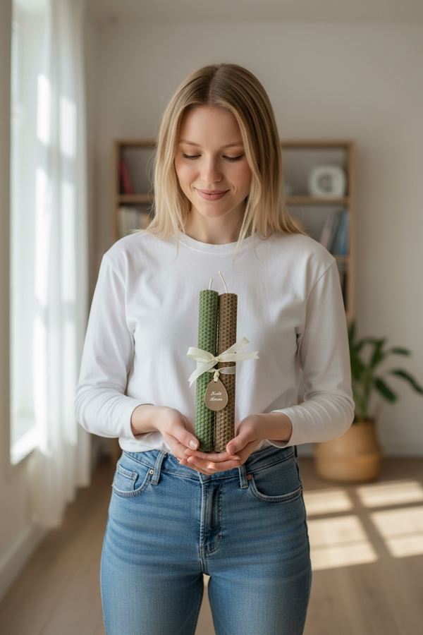 Σετ Πασχαλινές Λαμπάδες από Φυσική Κηρήθρα Μέλισσας σε Μπεζ & Πράσινη Παστέλ Απόχρωση για Ζευγάρι με ευχή «Καλό Πάσχα»