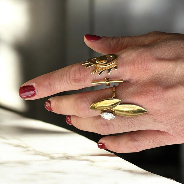 Επίχρυσο Δαχτυλίδι από Ατσάλι με Διπλό Στοιχείο Φύλλου & Ζιρκόν