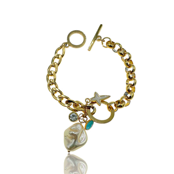 Ατσάλινο Βραχιόλι με Χρυσή Αλυσίδα, Charms & Πέρλα