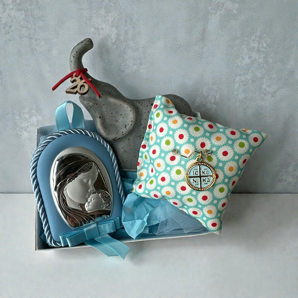 Baby Kit Νεογέννητου Αγοριού – Κεραμικό Ελεφαντάκι Διακοσμητικό Δωματίου, Εικόνα Παναγίας & Παραμάνα IC XC NIKA