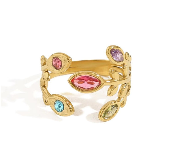 Επιχρυσωμένο ατσάλινο δαχτυλίδι με πολύχρωμες πέτρες και φυλλωτό σχέδιο