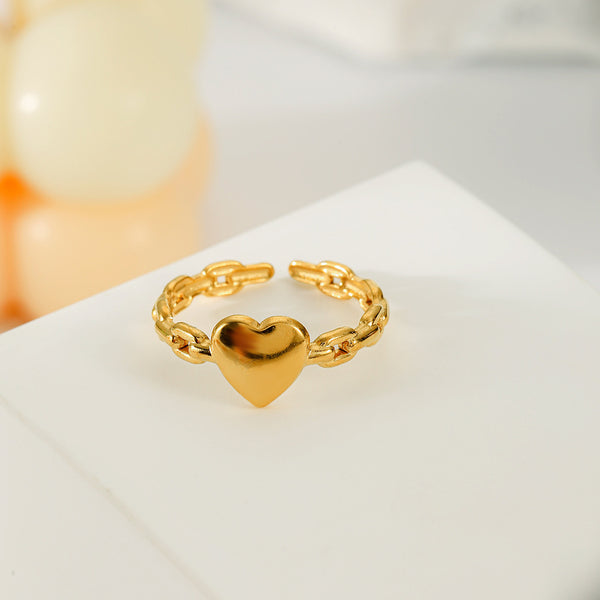 Ατσάλινο επιχρυσωμένο δαχτυλίδι με καρδιά και σχέδιο αλυσίδας