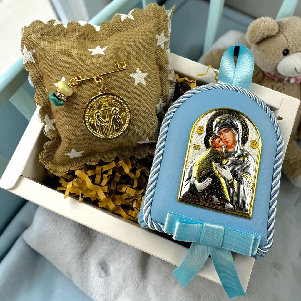 Baby Kit Νεογέννητου Αγοριού - Παραμάνα/Φυλαχτό κωνσταντινάτο με χάντρα μπλε & Εικόνα Παναγίας-Χριστού