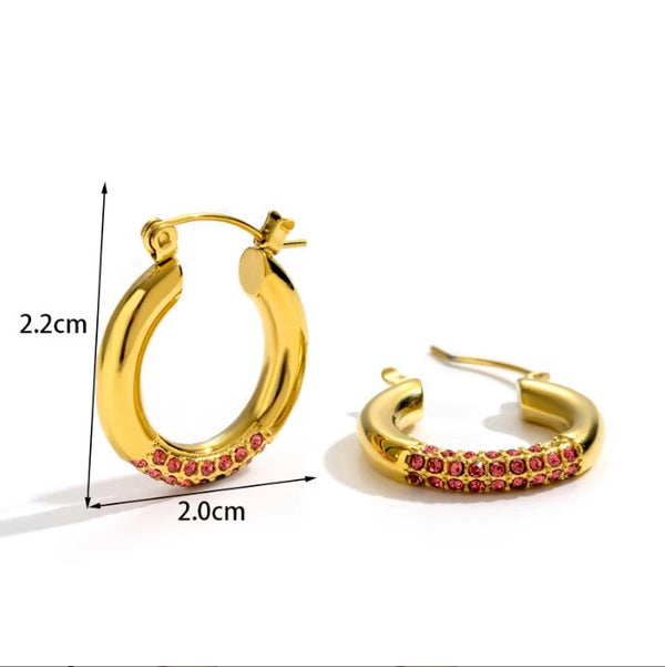 Σκουλαρίκια Κρίκοι με Ροζ Στρας – Ανοξείδωτο Ατσάλι 316L – Χρυσό