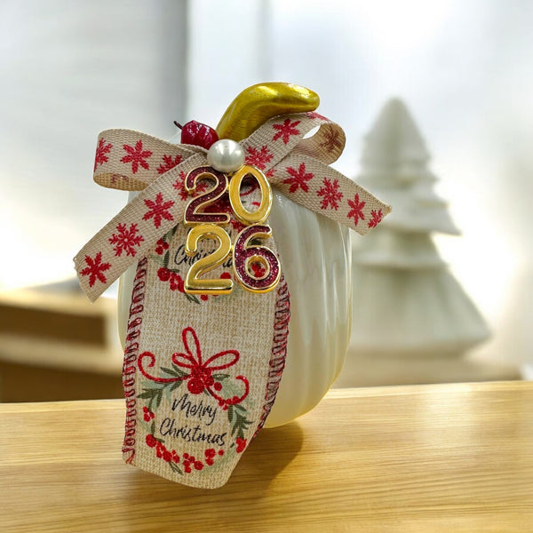 Γούρι 2026 Κεραμική Κολοκύθα με Φιόγκο & Διακόσμηση