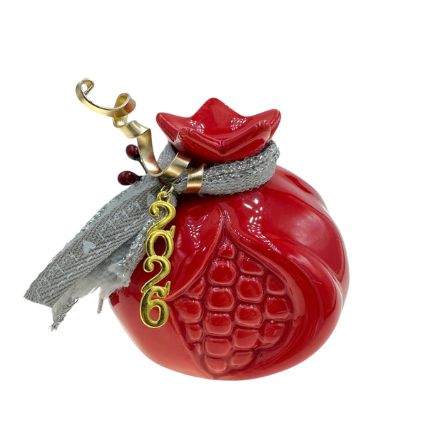 Κεραμικό Ρόδι 2026 σε Βαθύ Κόκκινο με Χρυσές Λεπτομέρειες (12cm)