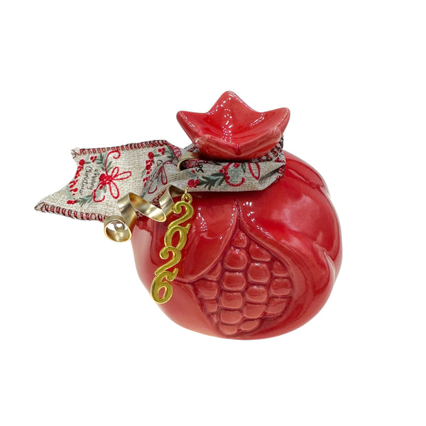 Κεραμικό Γούρι Ρόδι 2026 σε Κόκκινο με Διακοσμητική Κορδέλα 