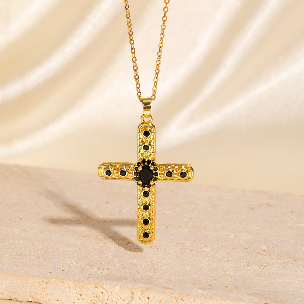 Σταυρός με Μαύρες Πέτρες και Ανάγλυφη Χρυσή Βάση