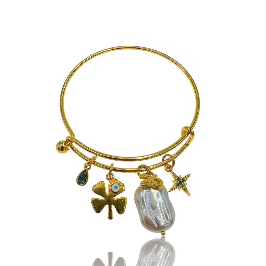 Γούρι Χρυσό Βραχιόλι Με Μαργαριτάρι & Σύμβολα - Large