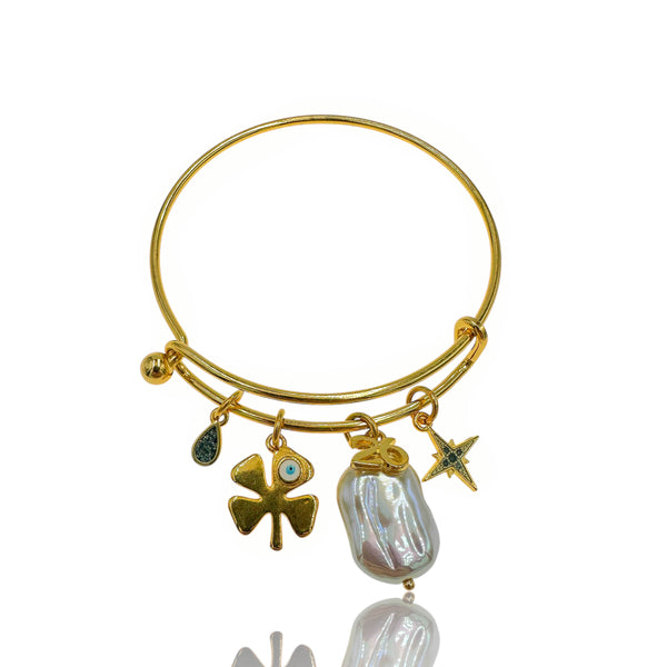 Γούρι Χρυσό Βραχιόλι Με Μαργαριτάρι & Σύμβολα - Large