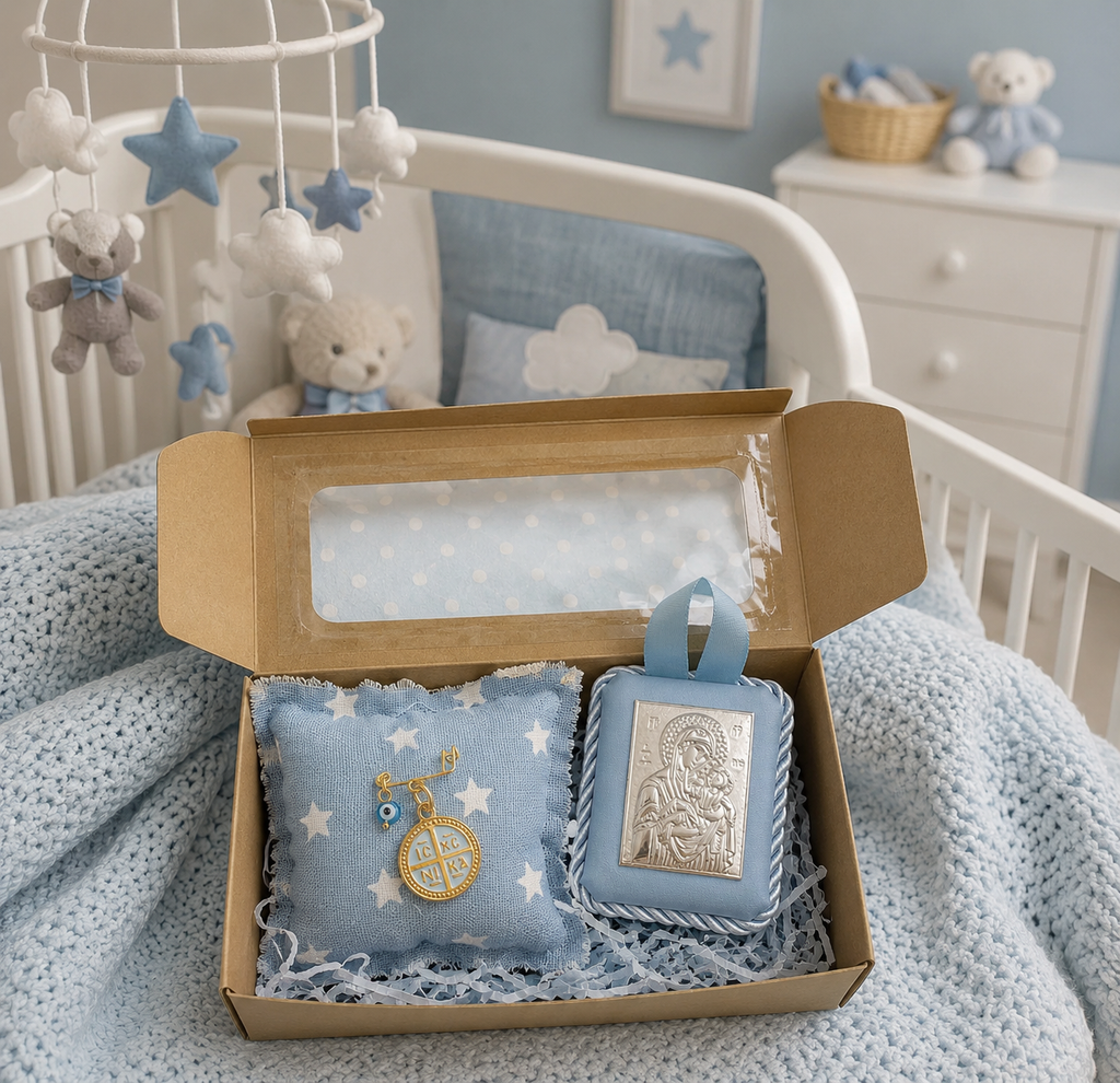 Baby Kit Νεογέννητου Αγοριού - Παραμάνα Μάτι & ICXC NIKA & Εικόνα Παναγίας-Χριστού
