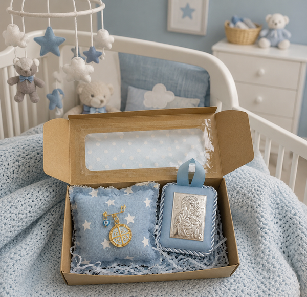 Baby Kit Νεογέννητου Αγοριού - Παραμάνα Μάτι & ICXC NIKA & Εικόνα Παναγίας-Χριστού