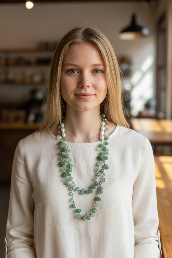 Μακρύ κολιέ με πράσινο αβεντουρίνη, μαργαριτάρια και κρυστάλλινες χάντρες