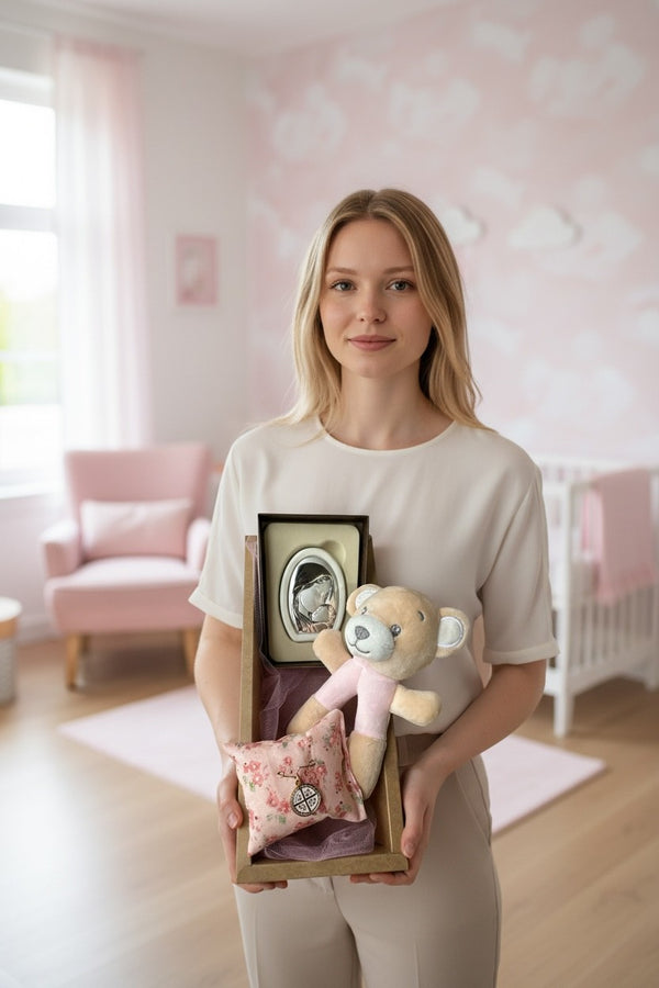 Baby Kit Νεογέννητου Κοριτσιού – Επιτραπέζια Εικόνα Παναγίας, Παραμάνα IC XC NIKA & Κουδουνίστρα Αρκουδάκι