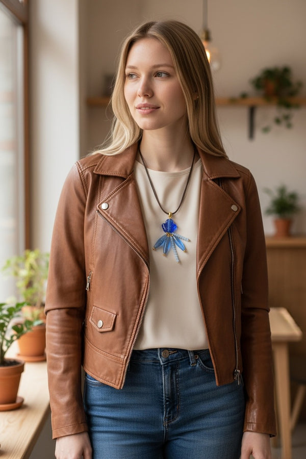 Χειροποίητο Κολιέ με Δερμάτινο Κορδόνι, Μουράνο, Κρύσταλλα & Ημιπολύτιμες Πέτρες – Μπλε Boho Κόσμημα