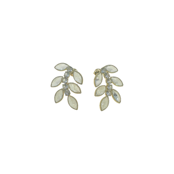 elephantina.gr gold-tone leaf-shaped earrings with clear marquise-cut crystals and delicate metal detailing