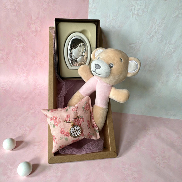 Baby Kit Νεογέννητου Κοριτσιού – Επιτραπέζια Εικόνα Παναγίας, Παραμάνα IC XC NIKA & Κουδουνίστρα Αρκουδάκι