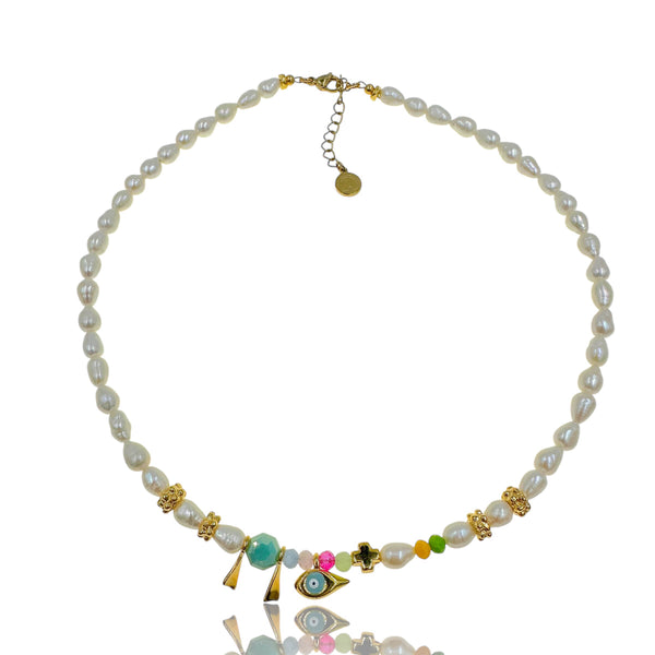 Χειροποίητο Κολιέ με Φυσικά Μαργαριτάρια, Κρύσταλλα κι Επίχρυσα Στοιχεία