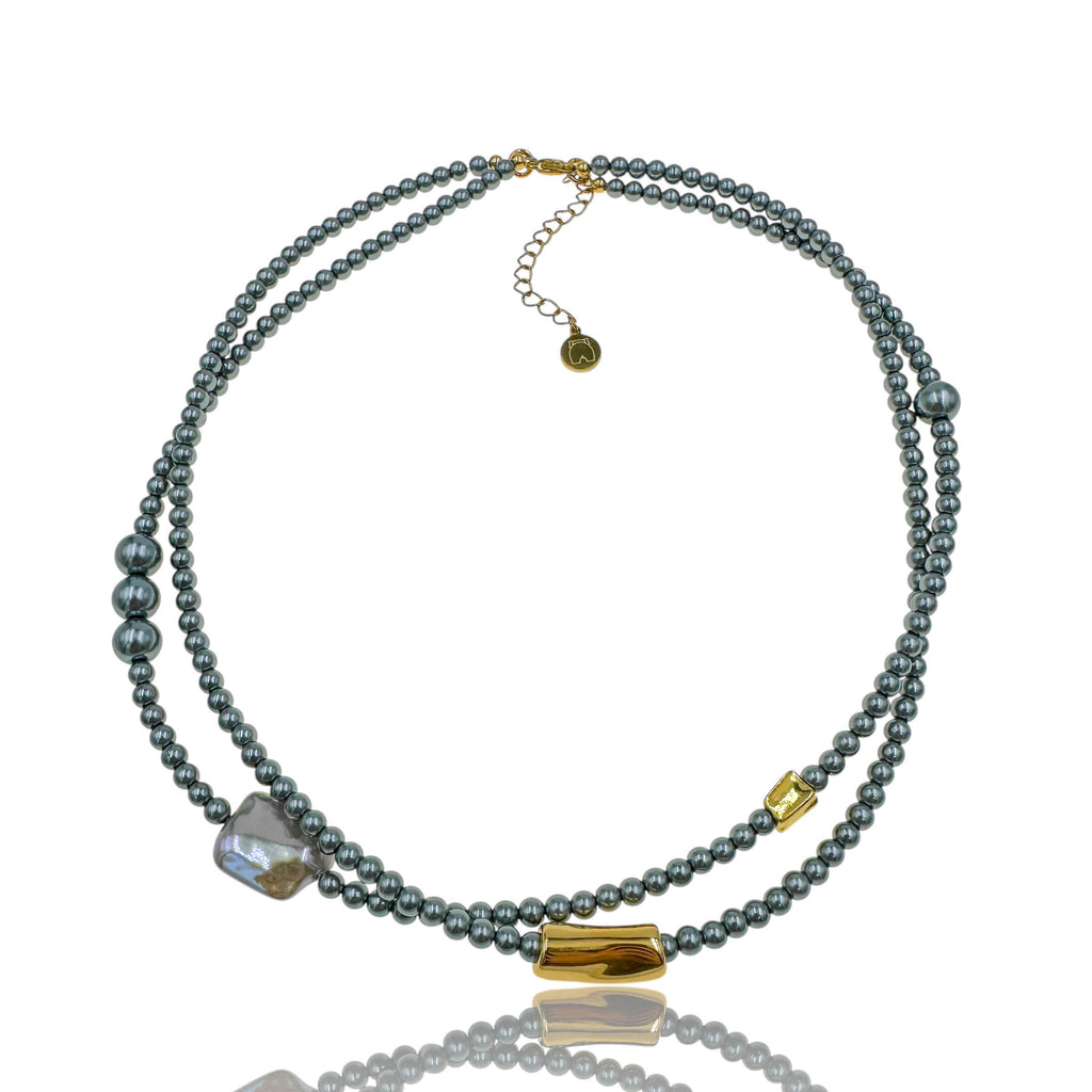 Διπλό Κολιέ με Γκρι Πέρλες και Χρυσές Λεπτομέρειες