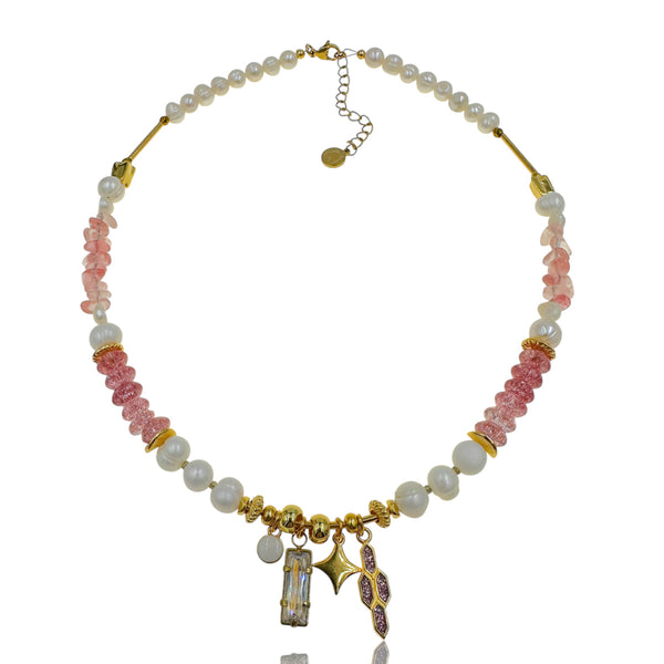 Κολιέ "Celeste" με Μαργαριτάρια, Ροζ Πέτρες και Χρυσά Κρεμαστά