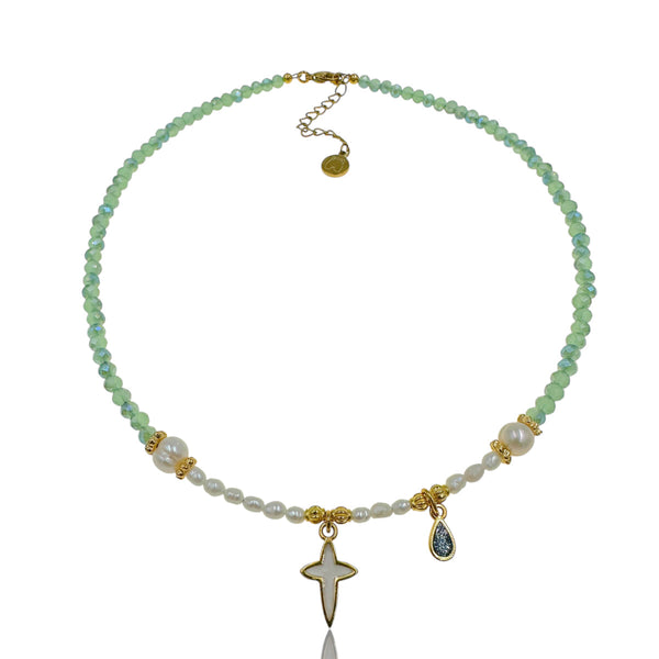 Κολιέ "Iris" με Μαργαριτάρια, Πράσινες Χάντρες και Σταυρό