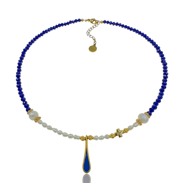 Κολιέ "Thalassa" με Μαργαριτάρια, Μπλε Κρύσταλλα και Χρυσή Σταγόνα Με Σμάλτο