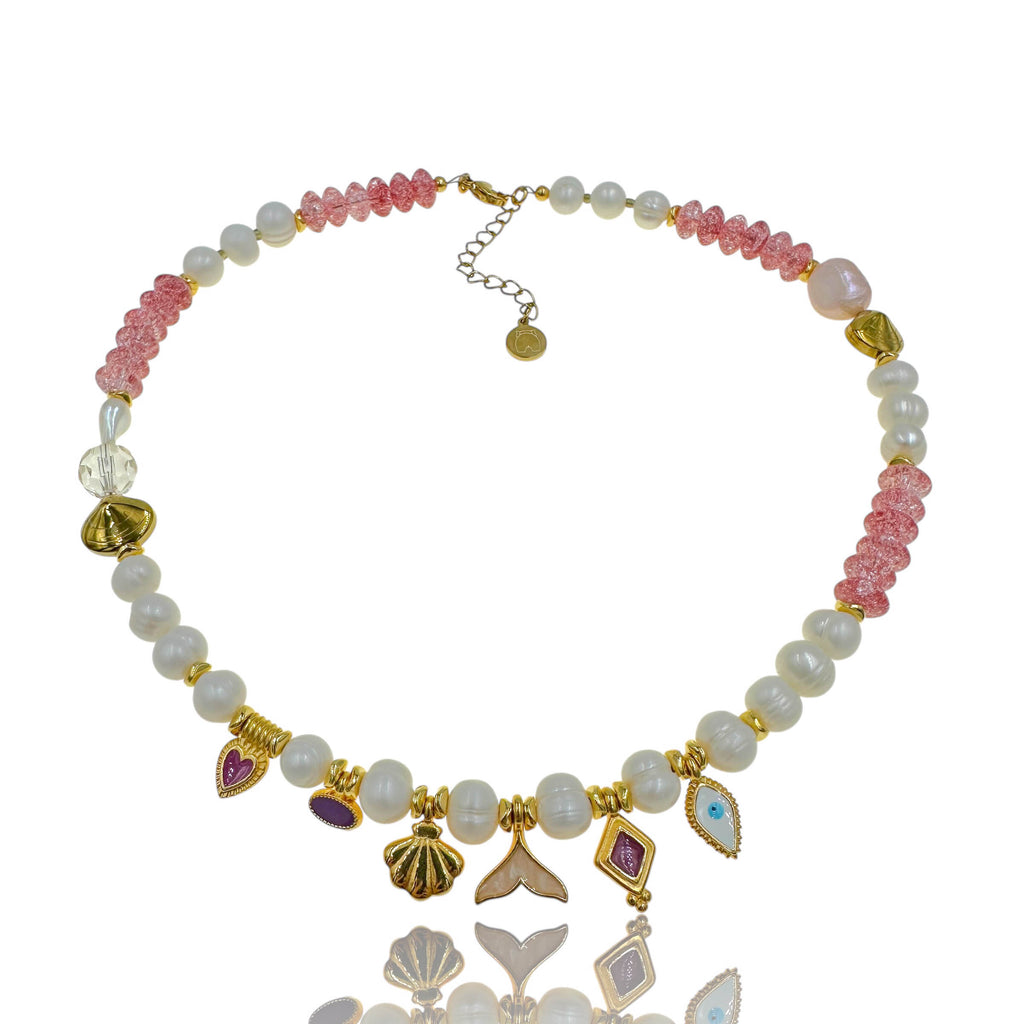 Κολιέ "Aphrodite" με Μαργαριτάρια, Ροζ Χάντρες και Θαλασσινά Charms