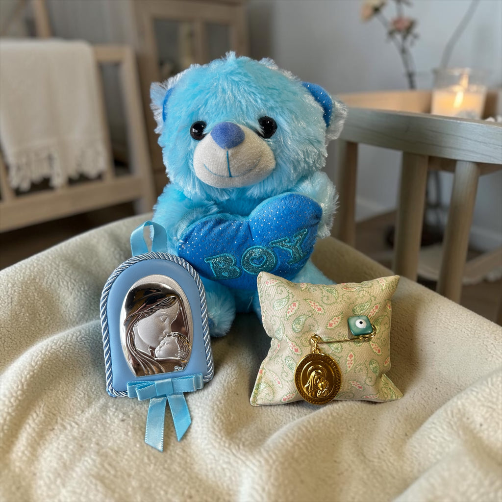 Baby Gift Set για Νεογέννητο Αγοριού Μπλε Αρκουδάκι "Boy" με Παραμάνα & Εικόνα Παναγίας (9x7x1 εκ)