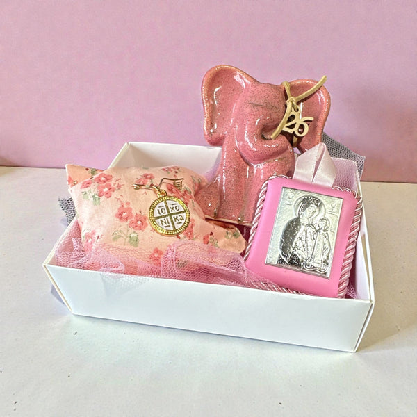 Baby Gift Set για Νεογέννητο Κοριτσιού-Ροζ Διακοσμητικό Σετ για Παιδικό Δωμάτιο με Ελεφαντάκι, Παραμάνα IC XC NIKA & Εικόνα Παναγίας