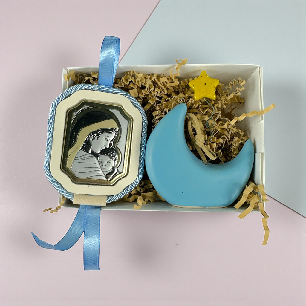 Baby Kit Νεογέννητου Αγοριού - Κεραμικό Φεγγάρι Διακοσμητικό Δωματίου & Εικόνα Παναγίας