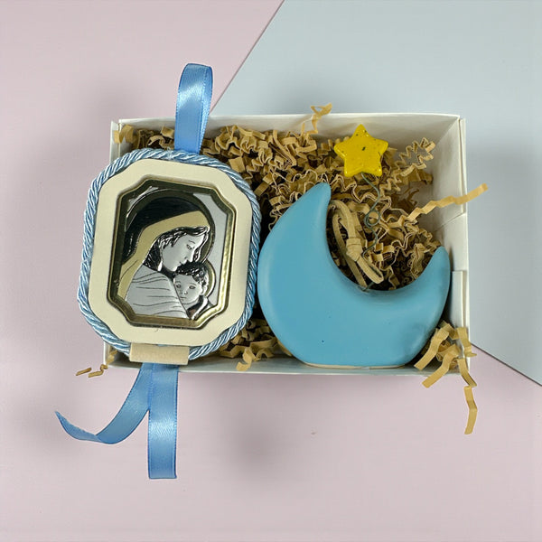 Baby Kit Νεογέννητου Αγοριού - Κεραμικό Φεγγάρι Διακοσμητικό Δωματίου & Εικόνα Παναγίας
