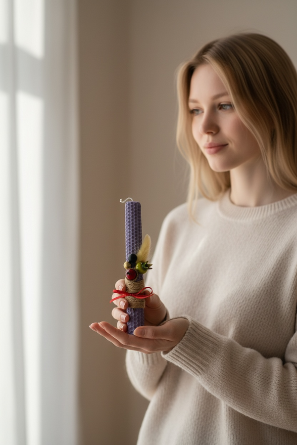 Λαμπάδα από Κηρήθρα Μέλισσας σε Λιλά Απόχρωση με Αποξηραμένα Άνθη