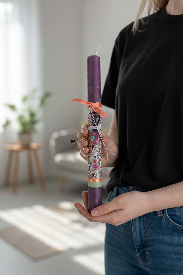 Μωβ Πασχαλινή Λαμπάδα με Κολιέ Αυγό Μάτι σε Χρώμα Ματζέντα