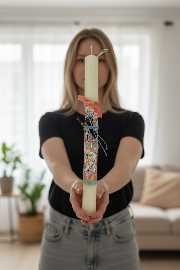 Πασχαλινή Λαμπάδα με Κολιέ Αυγό Μάτι σε Χρώμα Ροδακινί