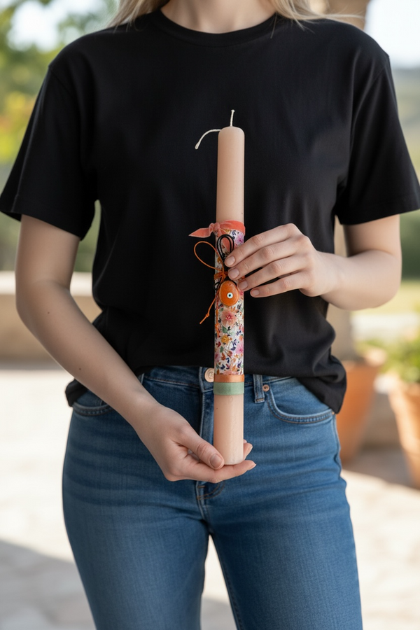 Ροδακινί Πασχαλινή Λαμπάδα με Κολιέ Αυγό Μάτι σε Χρώμα Πορτοκαλί