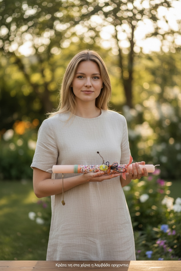 Ροδακινί Πασχαλινή Λαμπάδα με Κολιέ Αυγό Μάτι σε Χρώμα Κίτρινο