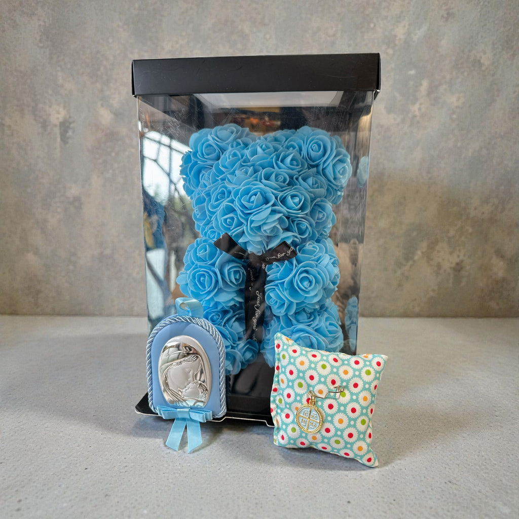 Baby Gift Set για Νεογέννητο Αγόρι – Μπλε Αρκουδάκι από Τριαντάφυλλα με Παραμάνα IC XC NIKA & Εικόνα Παναγίας