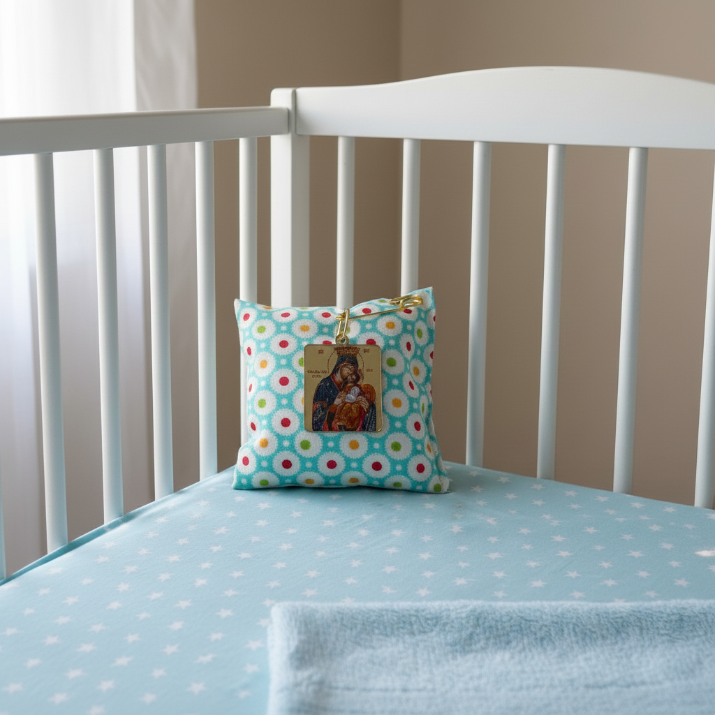 elephantina.gr small decorative pillow with a religious icon in a baby crib with light blue star patterned bedding