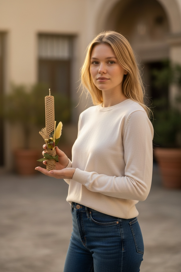 Λαμπάδα από Κηρήθρα Μέλισσας σε Μπεζ Απόχρωση με Αποξηραμένα Άνθη