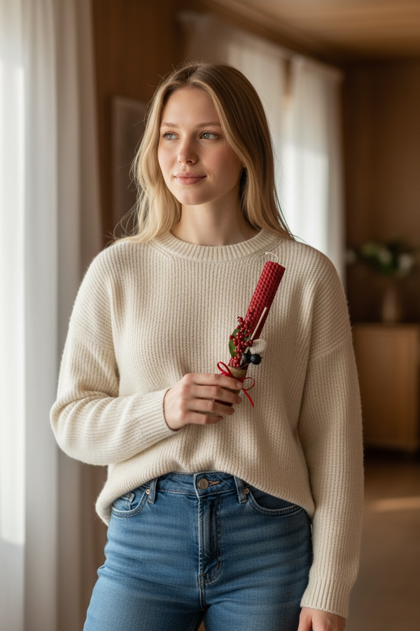 Λαμπάδα από Κηρήθρα Μέλισσας σε Κόκκινη Απόχρωση με Αποξηραμένα Άνθη