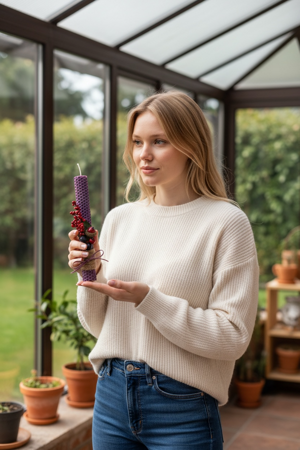 Λαμπάδα από Κηρήθρα Μέλισσας σε Μωβ Απόχρωση με Αποξηραμένα Άνθη