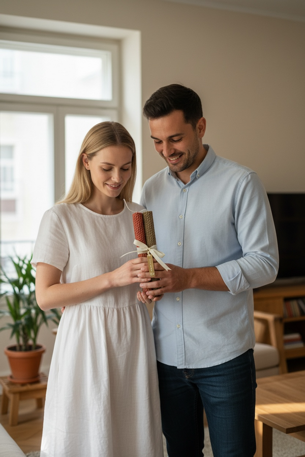 Σετ Πασχαλινές Λαμπάδες από Φυσική Κηρήθρα Μέλισσας σε Σομών & Μπεζ Απόχρωση για Ζευγάρι