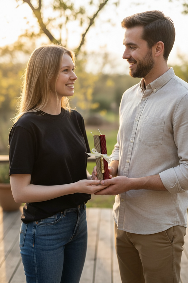 Σετ Πασχαλινές Λαμπάδες από Φυσική Κηρήθρα Μέλισσας σε Μπεζ & Κόκκινη Απόχρωση για Ζευγάρι