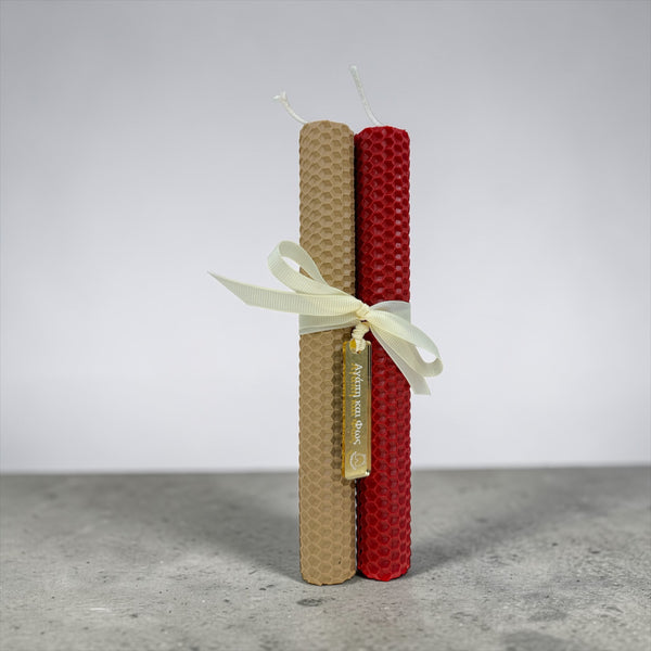 Σετ Πασχαλινές Λαμπάδες από Φυσική Κηρήθρα Μέλισσας σε Μπεζ & Κόκκινη Απόχρωση για Ζευγάρι