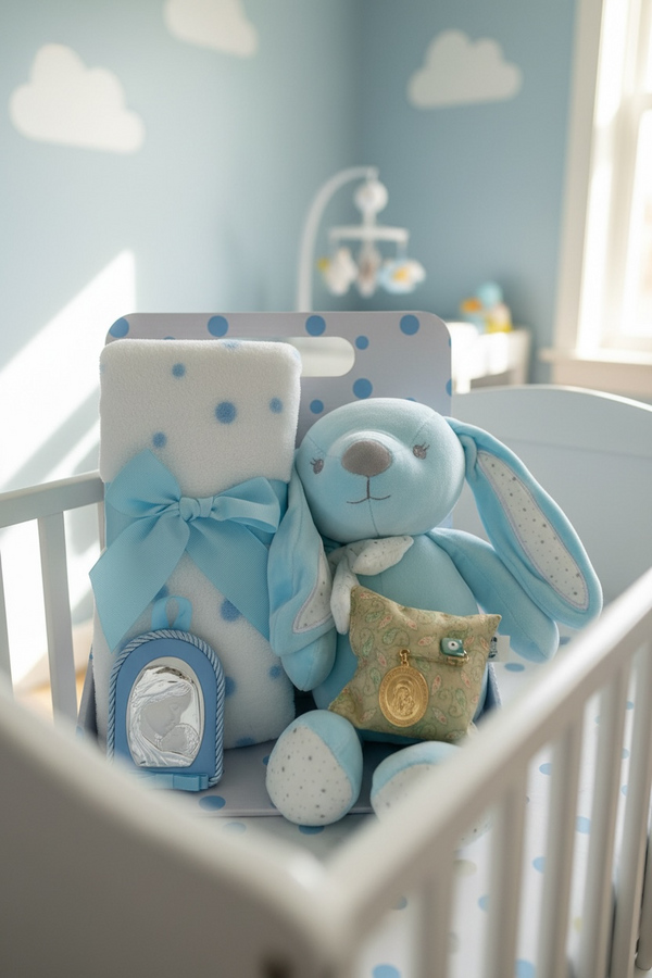 Σετ Δώρου Νεογέννητου Αγοριού - Κουβέρτα Φλις, Αρκουδάκι, Παραμάνα Φυλαχτό & Εικόνα Παναγίας