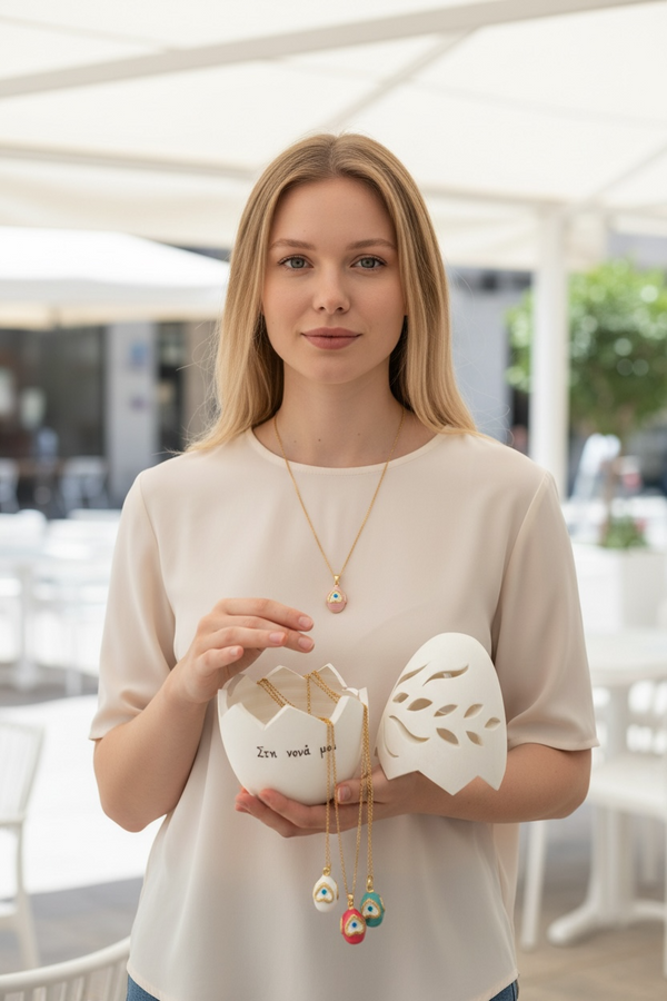 Κεραμικό Αυγό Ρεσώ Δώρο για την Νονά & Κολιέ Αυγό Με Μάτι