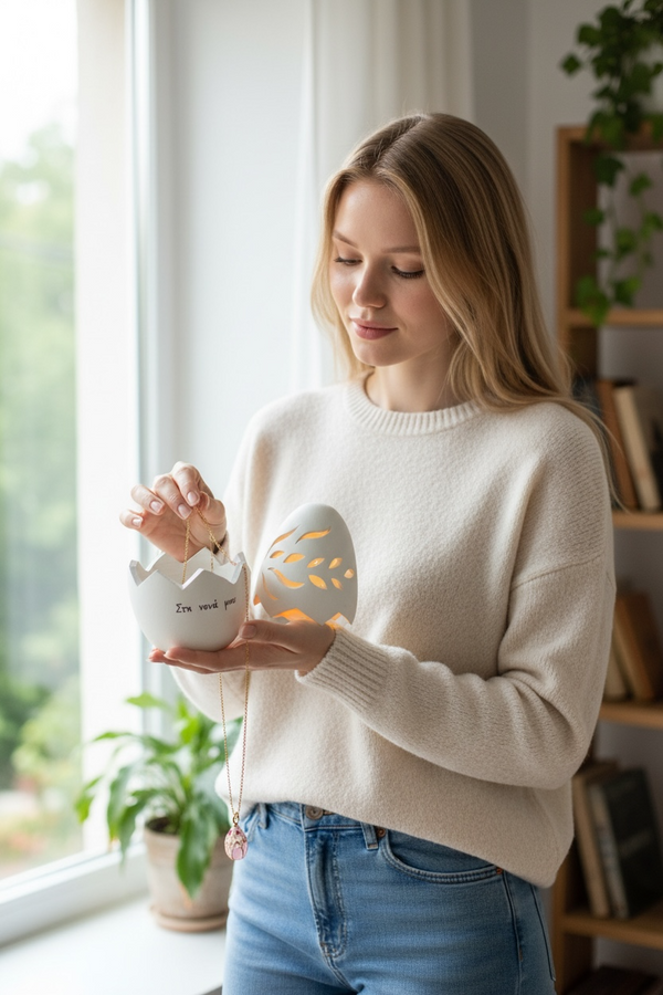 Κεραμικό Αυγό Ρεσώ Δώρο για την Νονά & Κολιέ Αυγό Με Λουλούδια