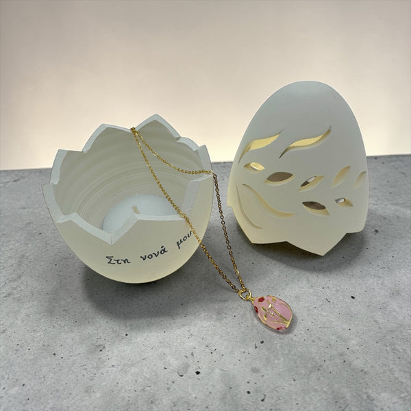 Κεραμικό Αυγό Ρεσώ Δώρο για την Νονά & Κολιέ Αυγό Με Λουλούδια