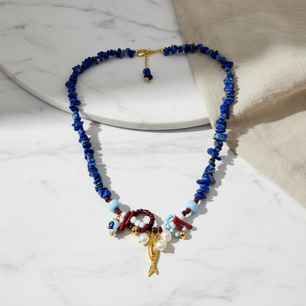Κολιέ με Μπλε Lapis Lazuli Chips & Θαλασσινά Στοιχεία