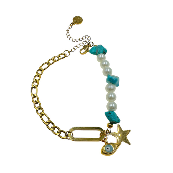Βραχιόλι "Ammos" με Μαργαριτάρια, Τυρκουάζ Χαολίτη, Ματάκι και Ατσάλινη Αλυσίδα
